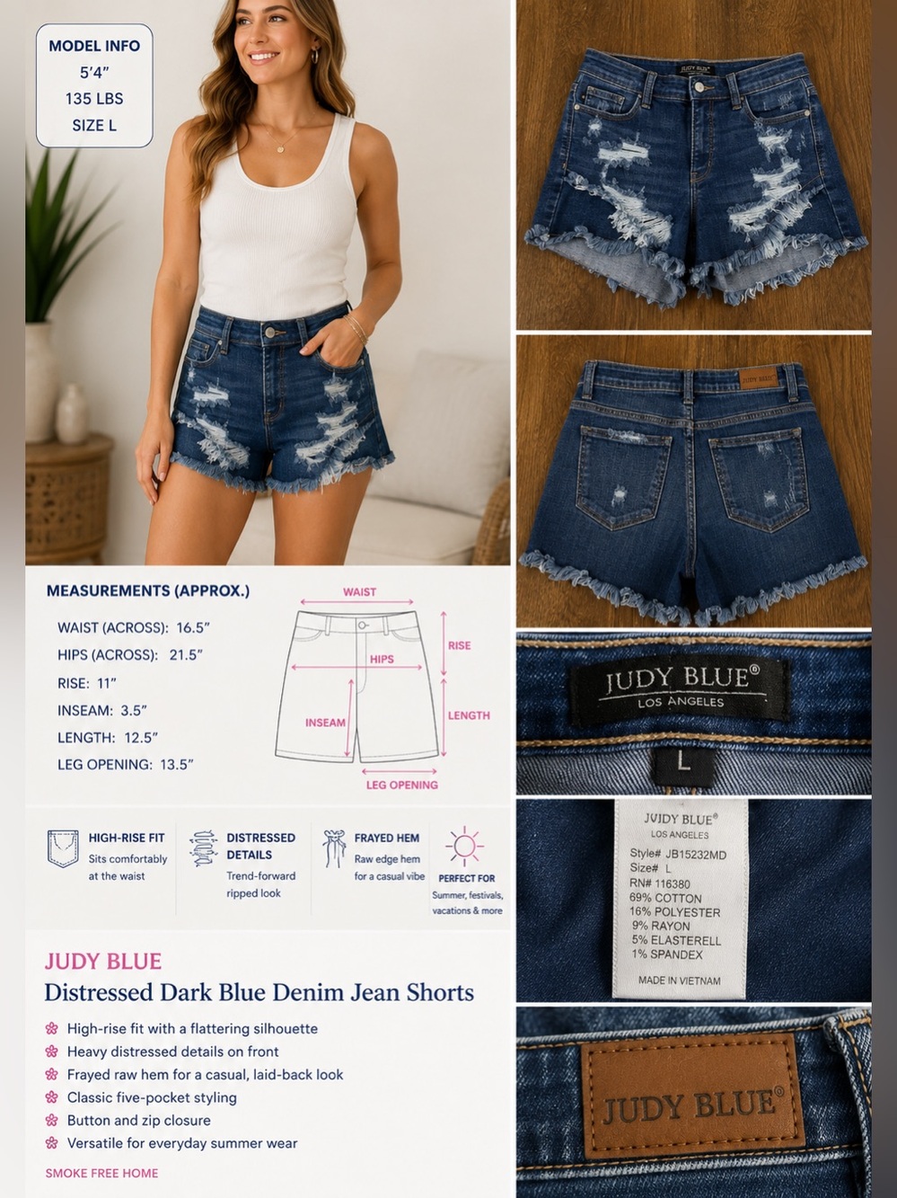 Judy Blue Distressed Dark Wash Denim Shorts Size Large High Rise Frayed Hem